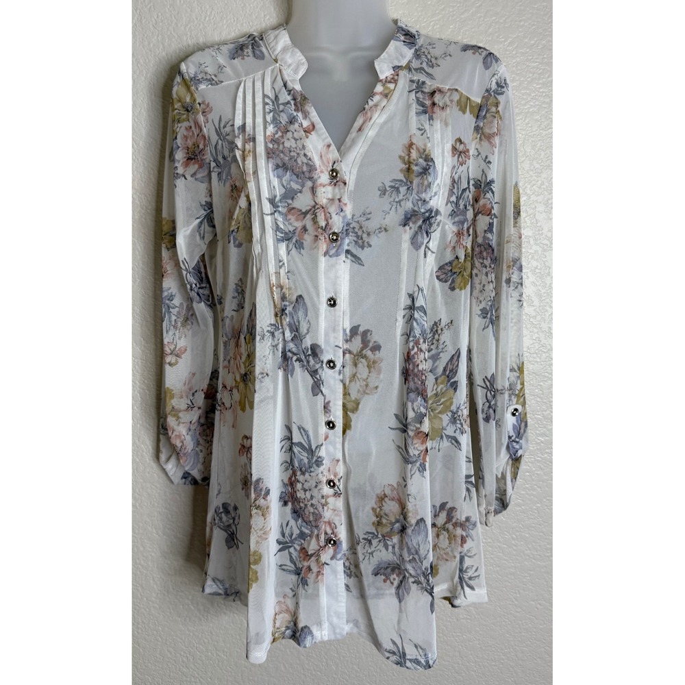 PerSeption Concept Womens Large Tunic White Floral Mesh Roll Tab Button Up Top